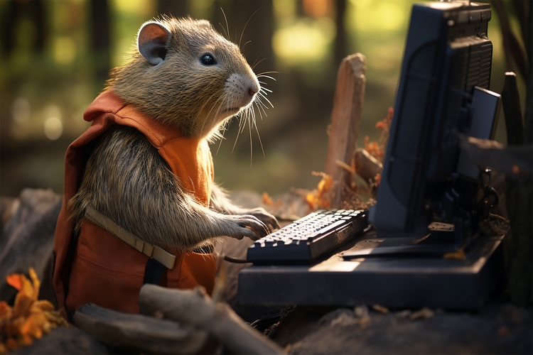 パソコンを操作する賢いネズミ